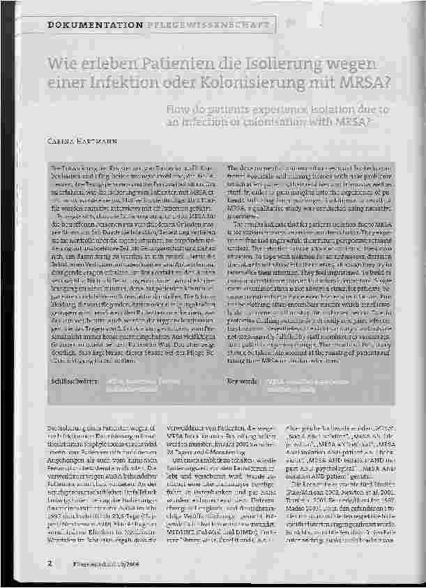 Vorschauseite 1: Wie erleben Patienten die Isolierung wegen einer Infektion oder Kolonisierung mit MRSA?