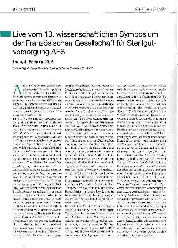 Vorschauseite 1: Live vom 10. wissenschaftlichen Symposium der Französischen Gesellschaft für Sterilgutversorgung AFSLyon, 4. Februar 2016