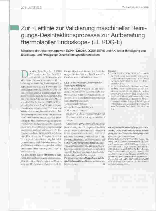 Vorschauseite 1: Zur «Leitlinie zur Validierung maschineller Reinigungs-Desinfektionsprozesse zur Aufbereitung thermolabiler Endoskope» (LL RDG-E)