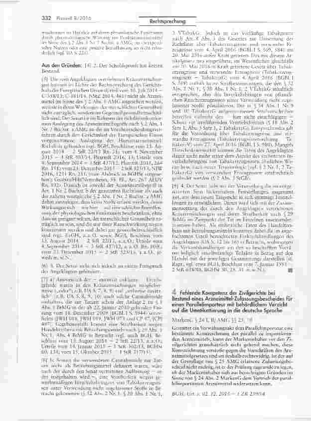 Vorschauseite 2: Zur Strafbarkeit wegen gewerbsmäßigen Inverkehrbringens von Taberzeugnissen unter Verwendung nicht zugelassener Stoffe