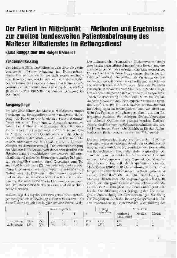 Vorschauseite 1: Der Patient im Mittelpunkt - Methoden und Ergebnisse zur zweiten bundesweiten Patientenbefragung des Malteser Hilfsdienstes im Rettungsdienst