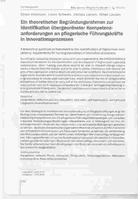 Vorschauseite 1: Ein theoretischer Begründungsrahmen zur identifikation übergeordneter Kompetenzanforderungen an pfiegerische Führun^kräfte in innovationsprozessen