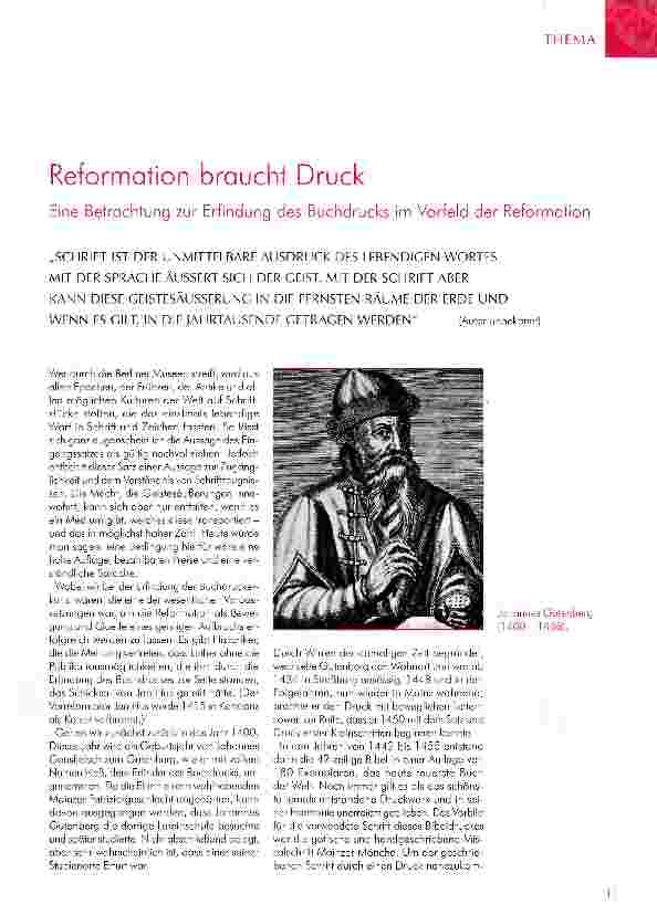 Vorschauseite 1: Reformation braucht Druck Eine Betrachtung zur Erfindung des Buchdrucks im Vorfeld der Reformation