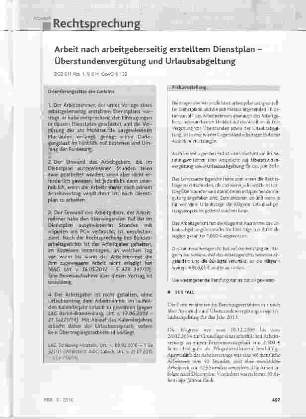 Vorschauseite 1: Arbeit nach arbeitgeberseitig erstelltem Dienstplan Überstundenvergütung und Urlaubsabgeltung