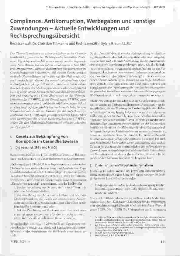Vorschauseite 1: Compliance: Antikorruption, Werbegaben und sonstige Zuwendungen Aktuelle Entwicklungen und Rechtsprechungsübersicht