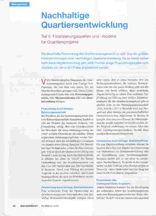 Vorschauseite 1: Nachhaltige Quartiersentwicklung Teil II; Finanzierungsquellen und -modelle für Quartiersprojekte