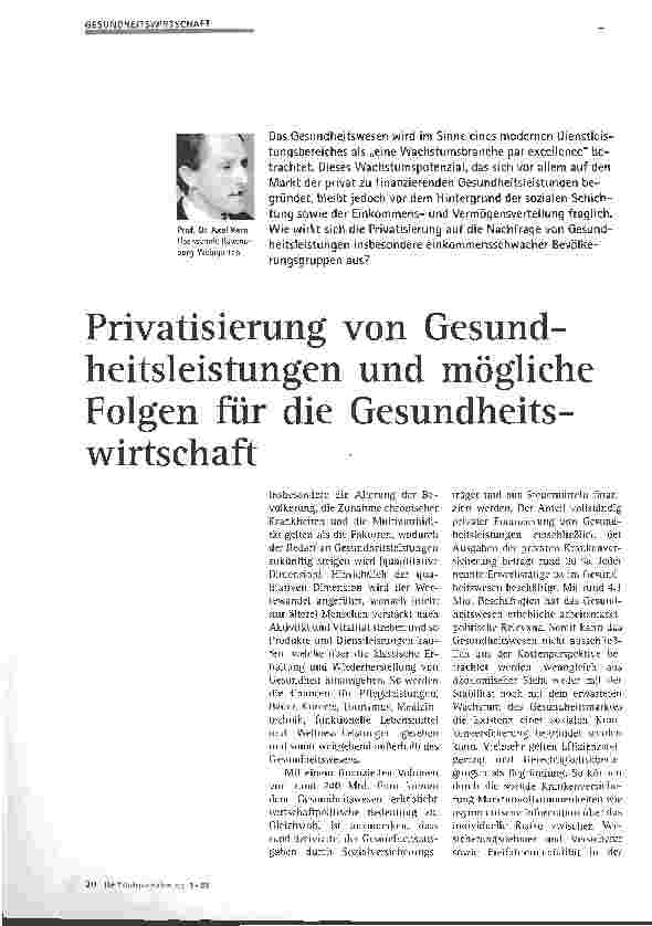 Vorschauseite 1: Privatisierung von Gesundheitsleistungen und mögliche Folgen für die Gesundheitswirtschaft