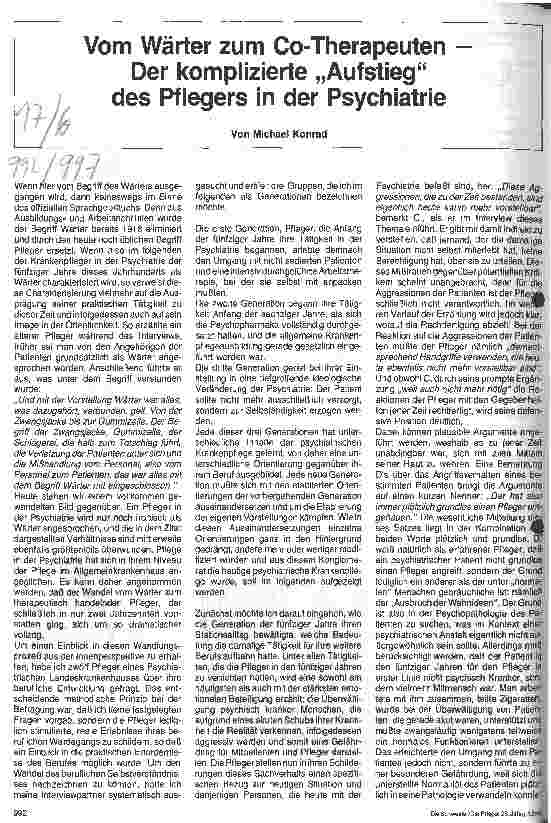Vorschauseite 1: Vom Wärter zum Co-Therapeuten Der komplizierte Aufstieg des Pflegers in der Psychiatrie