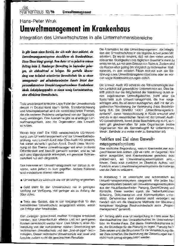 Vorschauseite 1: Umweltmanagement im Krankenhaus Integration des Umweltschutzes in alle Unternehmensbereiche