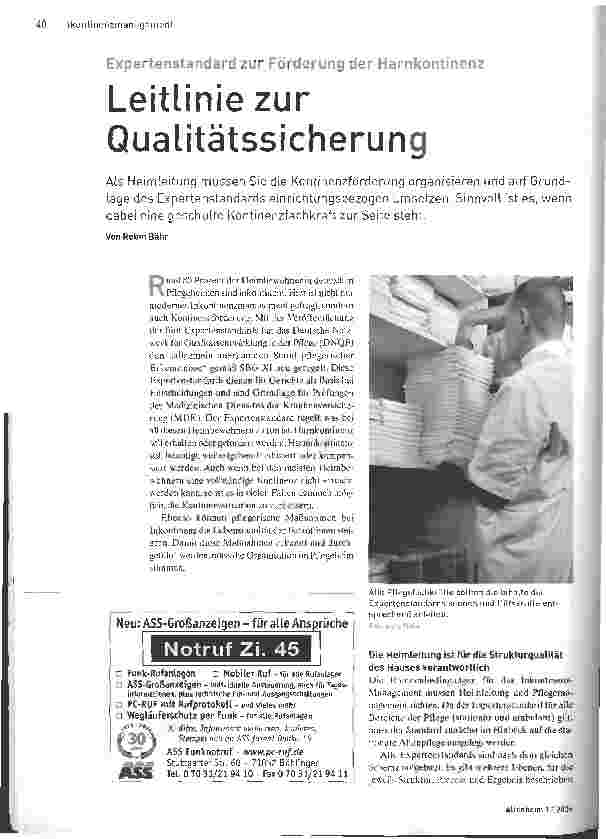 Vorschauseite 1: Expertenstandard zur Förderung der Harnkontinenz - Leitlinie zur Qualitätssicherung