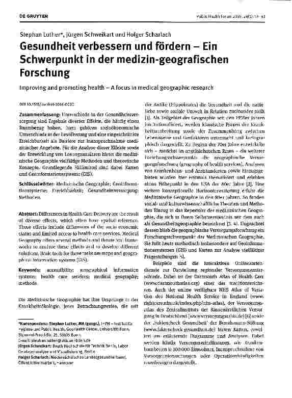 Vorschauseite 1: Gesundheit verbessern und fördern - Ein Schwerpunkt in der medizin-geografischen Forschung