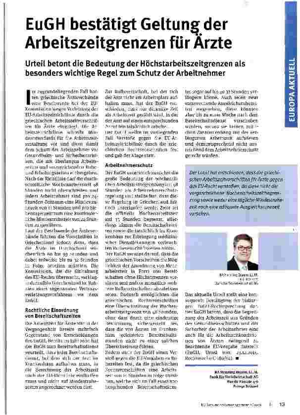 Vorschauseite 1: EuGH bestätigt Geltung der Arbeitszeitgrenzen für Ärzte