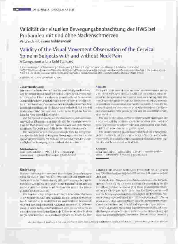 Vorschauseite 1: Validität der visuellen Bewegungsbeobachtung der HWS bei Probanden mit und ohne Nackenschmerzen