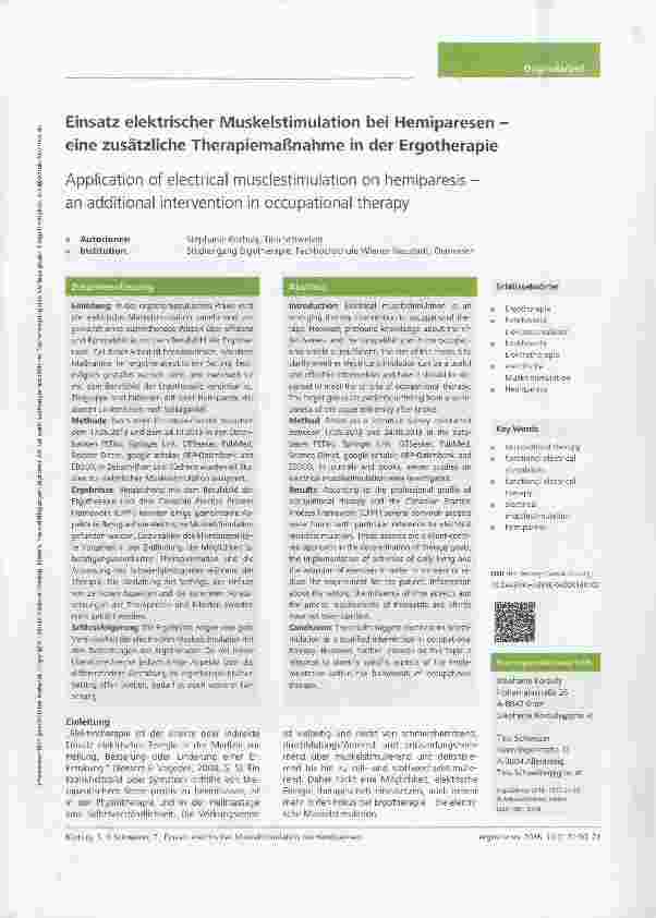 Vorschauseite 1: Einsatz elektrischer Muskelstimulation bei Hemiparesen eine zusätzliche Therapiemaßnahme in der Ergotherapie