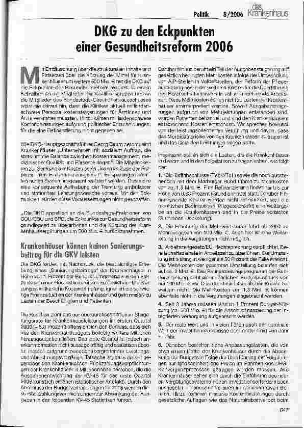 Vorschauseite 1: DKG zu den Eckpunkten einer Gesundheitsreform 2006