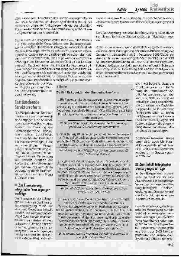 Vorschauseite 3: DKG zu den Eckpunkten einer Gesundheitsreform 2006