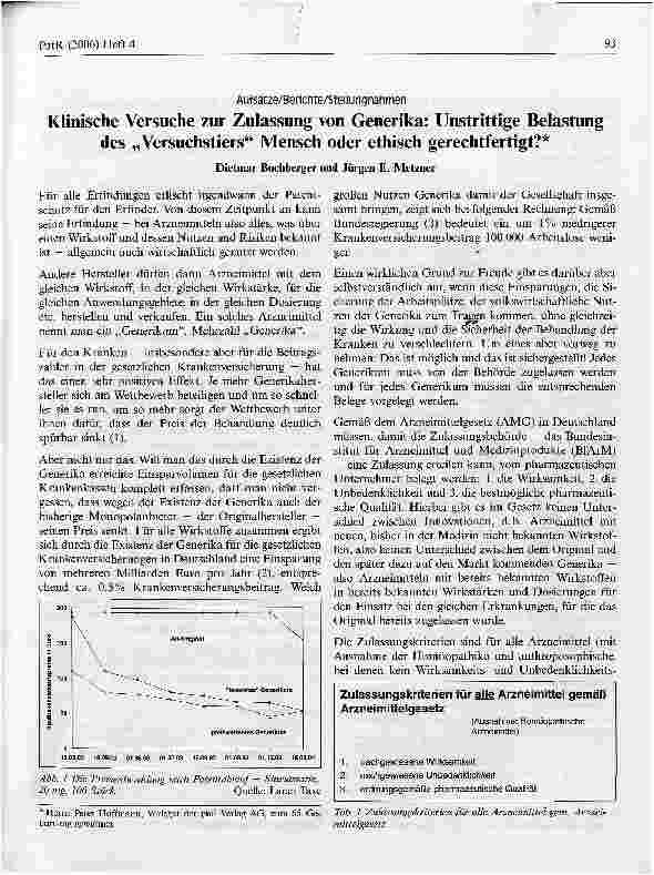 Vorschauseite 1: Klinische Versuche zur Zulassung von Generika: Unstrittige Belastung des Versuchstiers Mensch oder ethisch gerechtfertigt? *