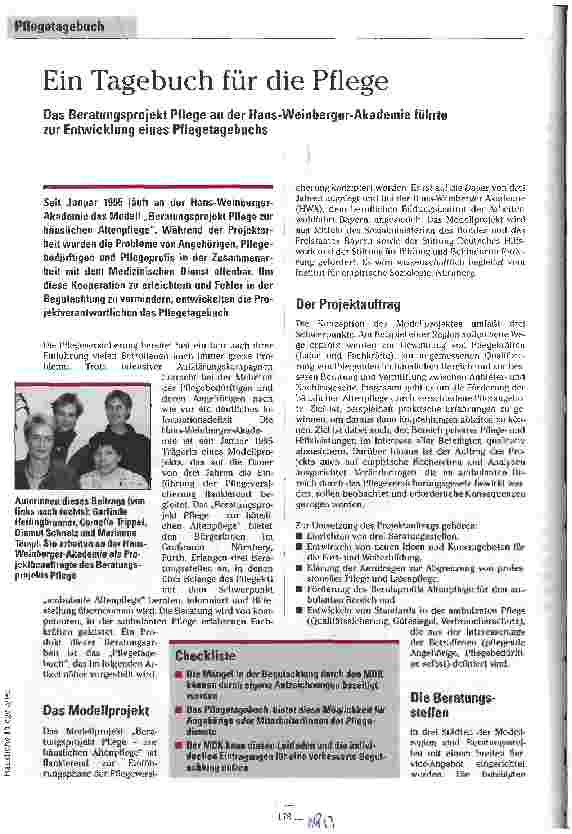 Vorschauseite 1: Ein Tagebuch für die Pflege Das Beratungsprojekt Pflege an der Hans-Weinberger-Akademie führte zur Entwicklung eines Pflegetagebuches