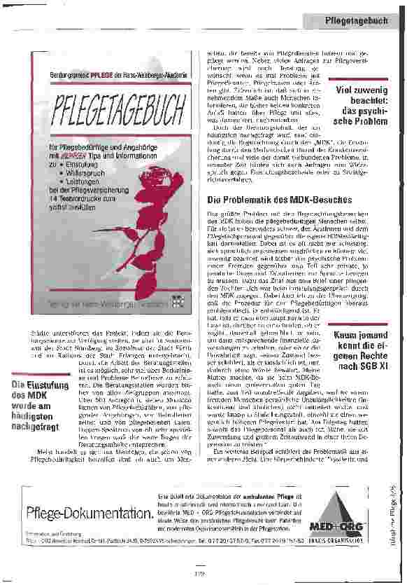 Vorschauseite 2: Ein Tagebuch für die Pflege Das Beratungsprojekt Pflege an der Hans-Weinberger-Akademie führte zur Entwicklung eines Pflegetagebuches