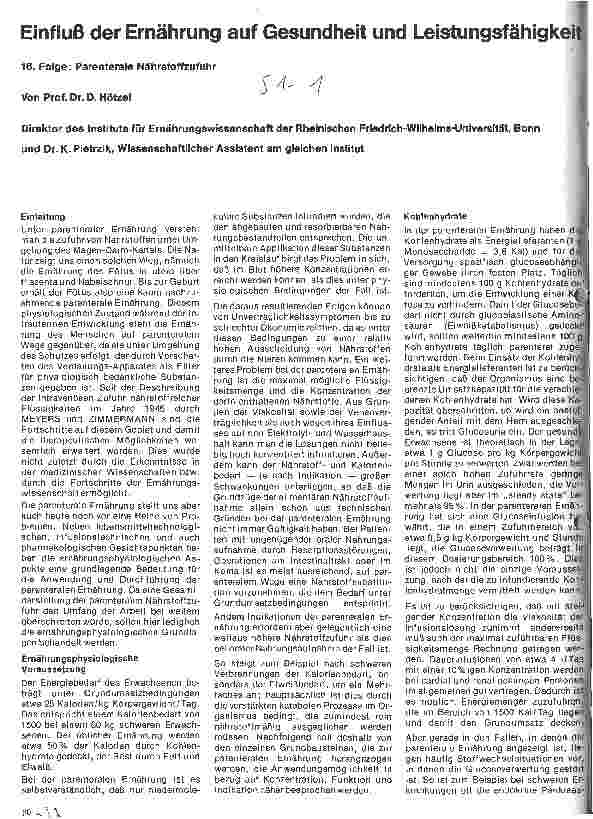 Vorschauseite 1: Einfluß der Ernährung auf Gesundheit und Leistungsfähigkeit 16. Folge: Parenterale Nährstoffzufuhr