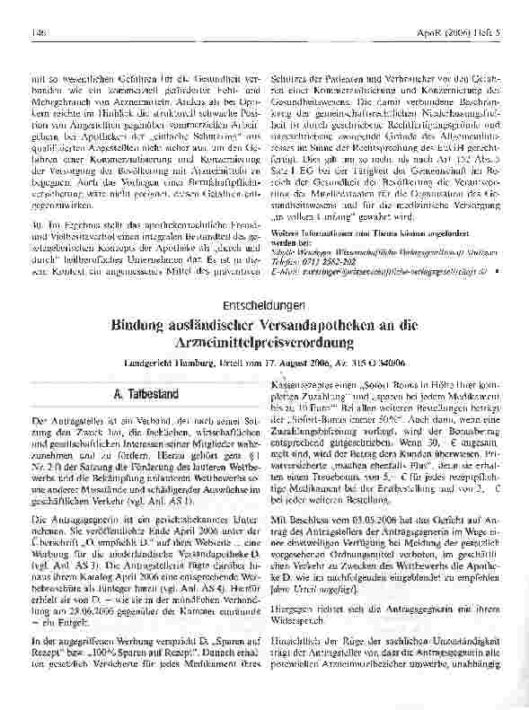 Vorschauseite 1: Bindung ausländischer Versandapotheken an die Arzneimittelpreisverordnung