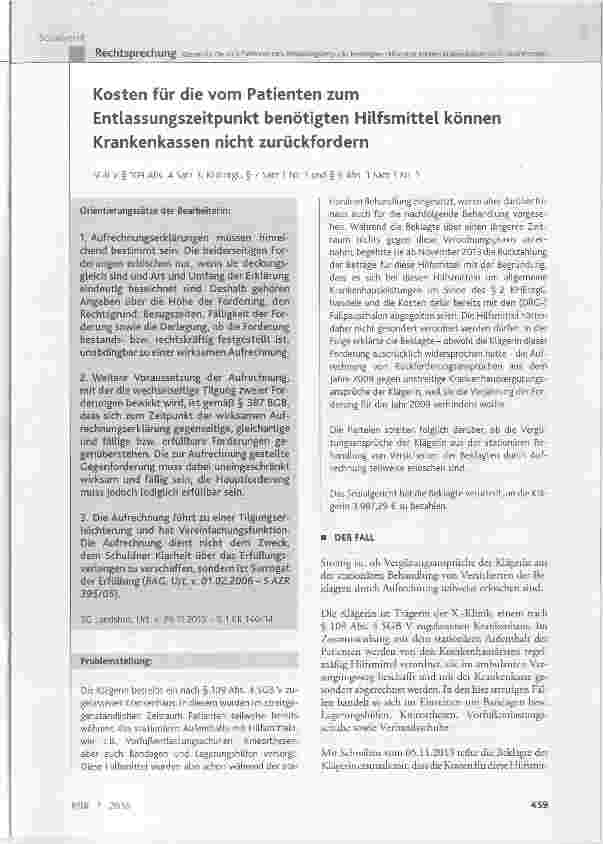 Vorschauseite 1: Kosten für die vom Patienten zum Entlassungszeitpunkt benötigten Hilfsmittel können Krankenkassen nicht zurückfordern