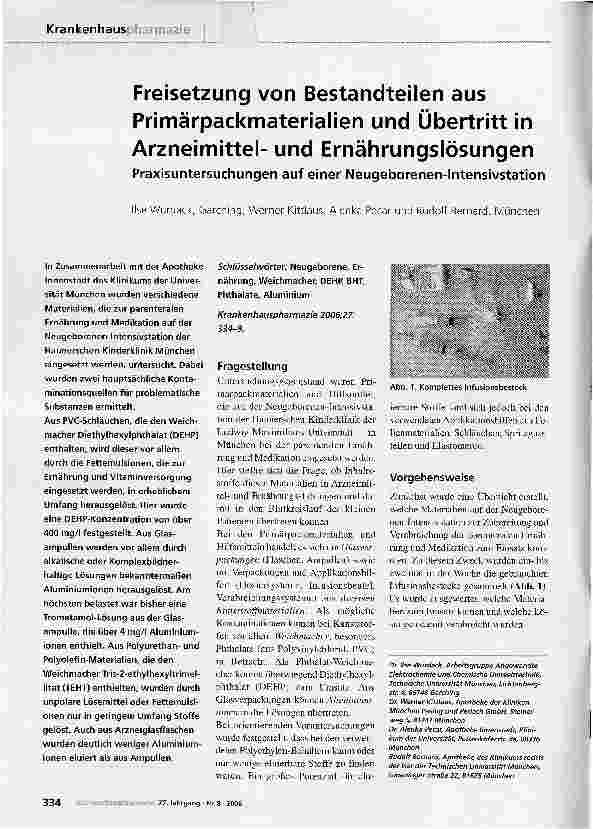 Vorschauseite 1: Freisetzung von Bestandteilen aus Primärpackmaterialien und Übertritt in Arzneimittelund Ernährungslösungen