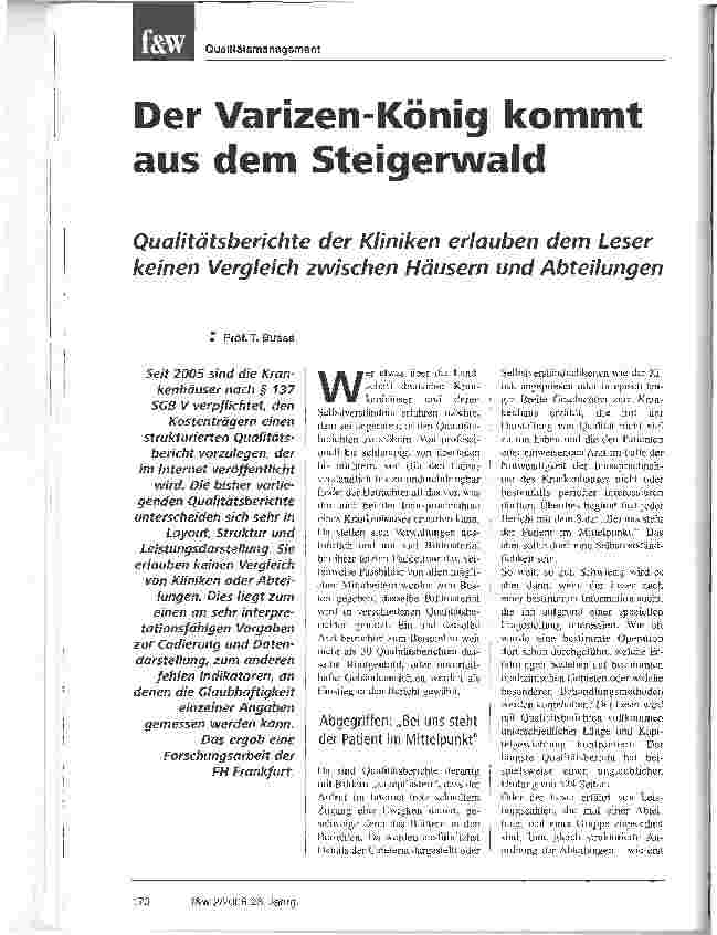 Vorschauseite 1: Der Varizen-König kommt aus dem SteigerwaldQualitätsberichte der Kliniken erlauben dem Leser keinen Vergleich zwischen Häusern und Abteilungen