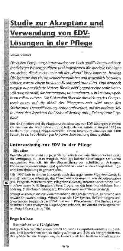 Vorschauseite 1: Studie zur Akzeptanz und Verwenduna von EDV- Lösungen in der Pflege