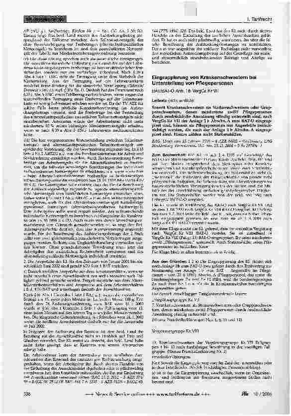 Vorschauseite 1: Eingruppierung von Krankenschwestern bei Unterstellung von Pflegepersonen - BAT/BAT-0 Anh. 1 b VergGr. Kr VII