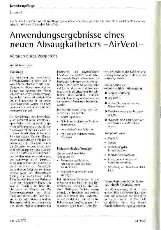 Vorschauseite 1: Anwendungsergebnisse eines neuen Absaugkatheters -AirVent-
