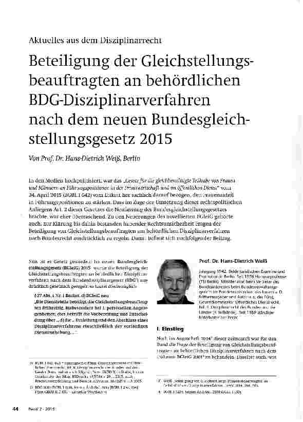 Vorschauseite 1: Beteiligung der Gleichstellungsbeauftragten an behördlichen BDG-Disziplinarverfahren nach dem neuen Bundesgleich-stellungsgesetz 2015