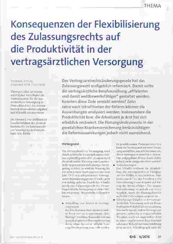 Vorschauseite 1: Konsequenzen der Flexibilisierung des Zulassungsrechts auf die Produktivität in der vertragsärztlichen Versorgung