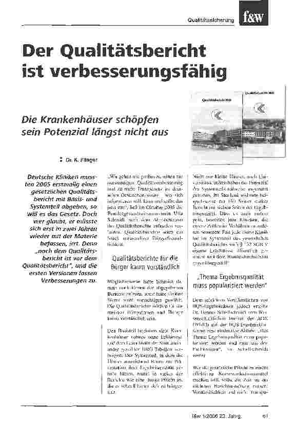 Vorschauseite 1: Der Qualitätsbericht ist verbesserungsfähigDie Krankenhäuser schöpfen sein Potenzial längst nicht aus