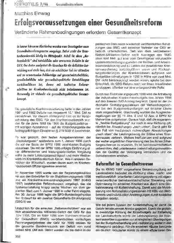 Vorschauseite 1: Erfolgsvoraussetzungen einer Gesundheitsreform