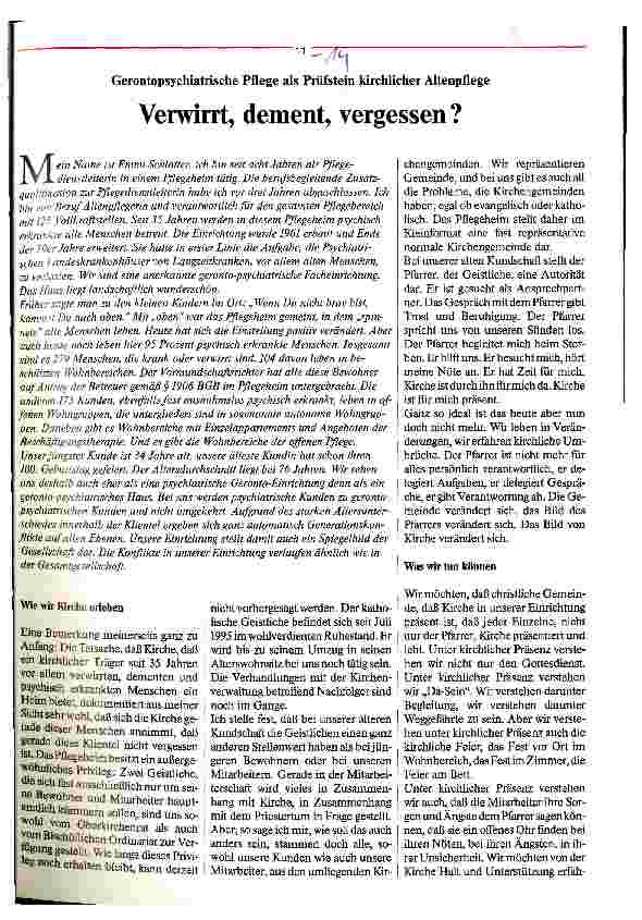 Vorschauseite 1: Verwirrt, dement, vergessen? Gerontopsychiatrische Pflege als Prüfstein kirchlicher Altenpflege