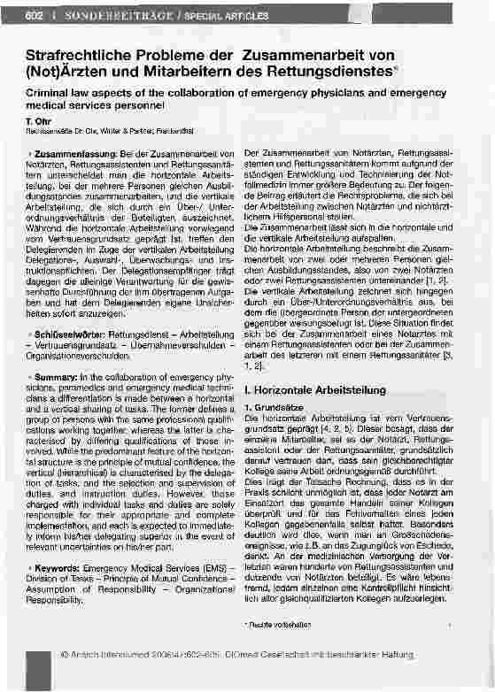 Vorschauseite 1: Strafrechtliche Probleme der Zusammenarbeit von (Not)Ärzten und Mitarbeitern des Rettungsdienstes