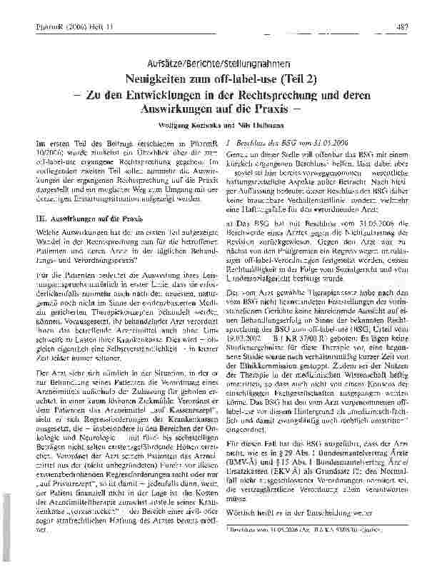 Vorschauseite 1: Neuigkeiten zum off-label-use (Teil 2) Zu den Entwicklungen in der Rechtsprechung und deren Auswirkungen auf die Praxis -
