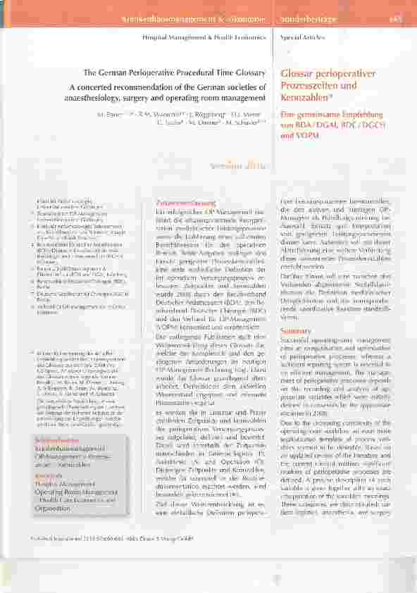 Vorschauseite 1: Glossar perioperativer Prozesszelten und Kennzahlen * Eine gemeinsame Empfehlung von BDA/DGAI, BDC/DGCH und VOPM
