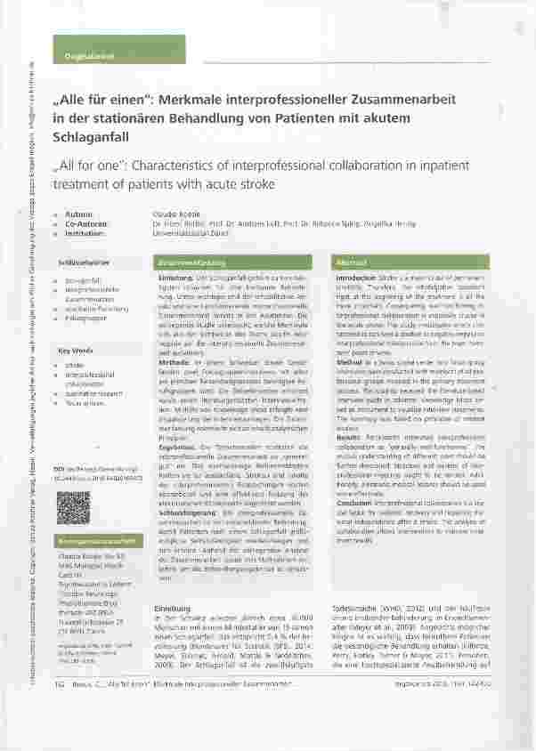 Vorschauseite 1: ´Alle für einen: Merkmale interprofessioneller Zusammenarbeit in der stationären Behandlung von Patienten mit akutem Schlaganfall