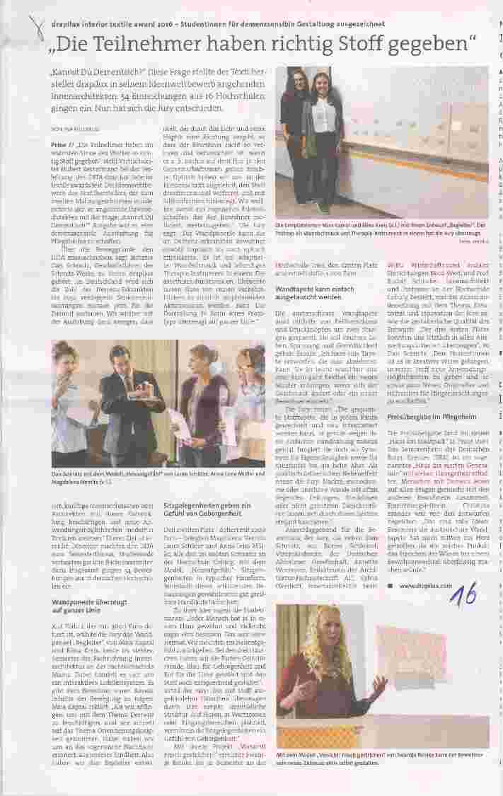 Vorschauseite 1: drapilux interior textile award 2016 Studentinnen für demenzsensible Gestaltung ausgezeichnet„Die Teilnehmer haben richtig Stoff gegeben
