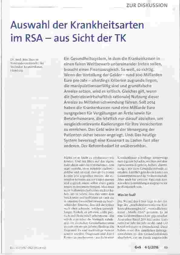 Vorschauseite 1: Auswahl der Krankheitsarten im RSA aus Sicht der TK