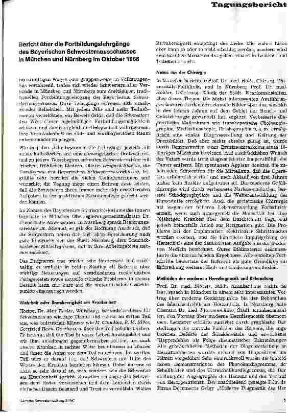 Vorschauseite 1: Bericht über die Fortbildungslehrgänge des Bayerischen Schwesternausschusses in München und Nürnberg im Oktober 1966