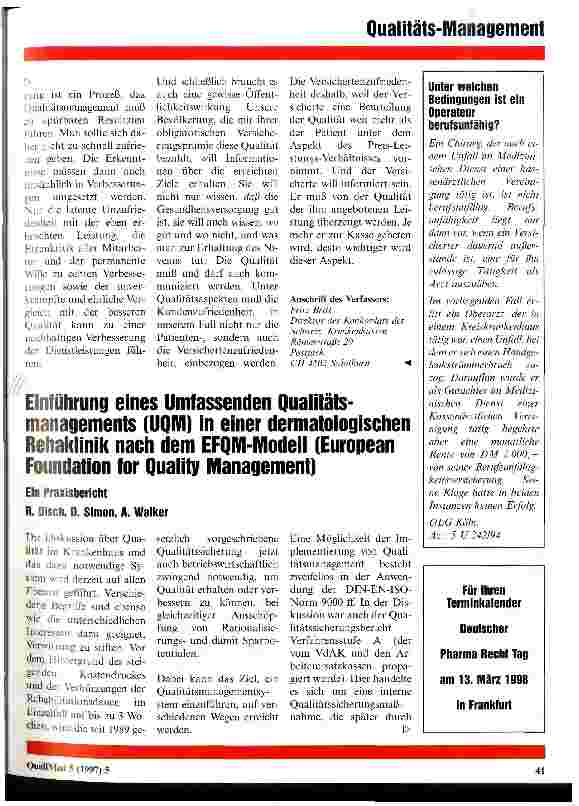 Vorschauseite 1: Einführung eines Umfassenden Qualitätsmanagements (UQM) in einer dermatologischen Rehaklinik nach dem EFQM-Modell (European Foundation for Quality Management) Ein Praxisbericht