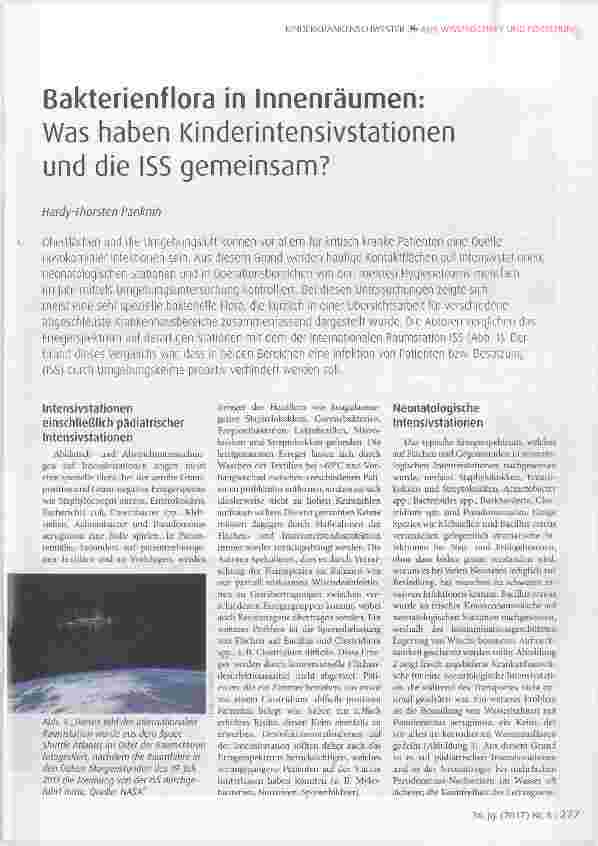 Vorschauseite 1: Bakterienflora in Innenräumen: Was haben Kinderintensivstationen und die ISS gemeinsam?