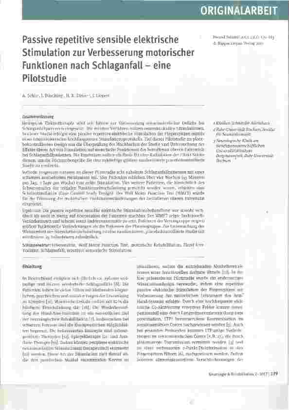 Vorschauseite 1: Passive repetitive sensible elektrische Stimulation zur Verbesserung motorischerFunktionen nach Schlaganfall eine Pilotstudie