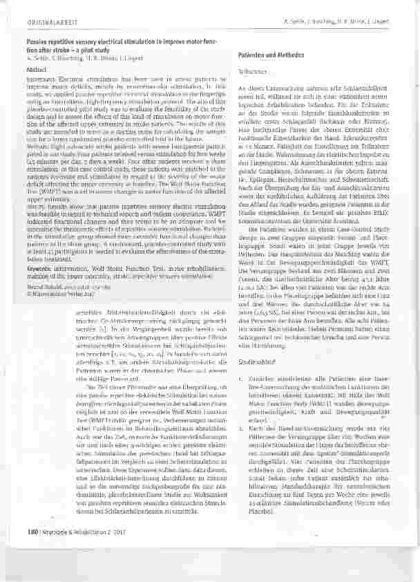 Vorschauseite 2: Passive repetitive sensible elektrische Stimulation zur Verbesserung motorischerFunktionen nach Schlaganfall eine Pilotstudie