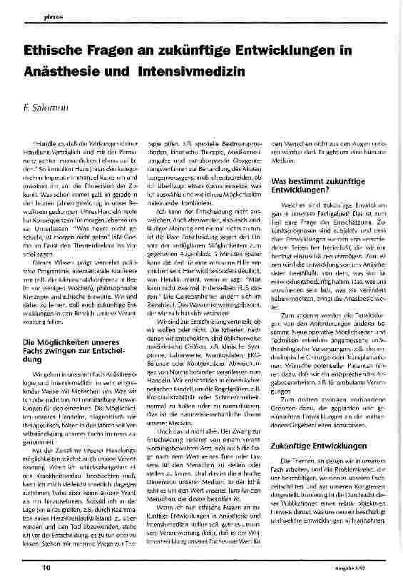 Vorschauseite 1: Ethische Fragen an zukünftige Entwicklungen in Anästhesie und Intensivmedizin