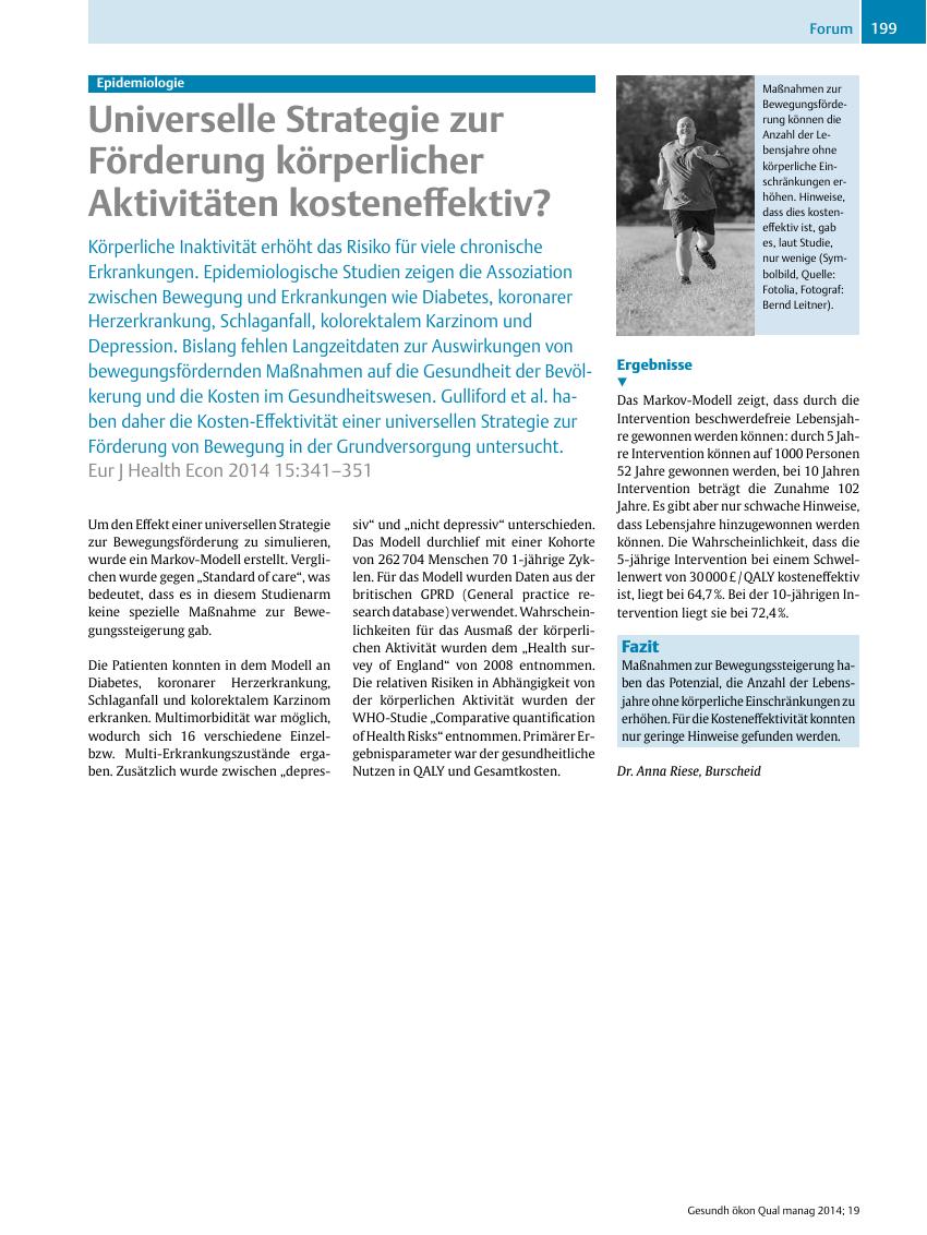 Vorschauseite 1: Epidemiologie ? Universelle Strategie zur Förderung körperlicher Aktivitäten kosteneffektiv?