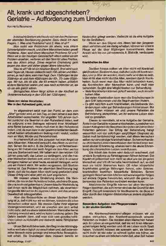 Vorschauseite 1: Alt,krank und abgeschrieben? Geriatrie - Aufforderung zum Umdenken